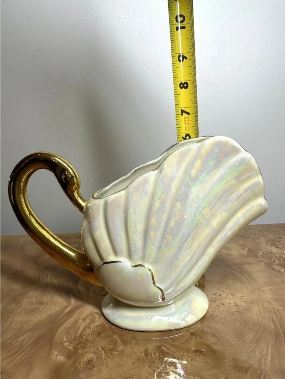 Vintage Lustreware Cornucopia Gravy Boat Swan Handle 22K Gold Trim Iridescent